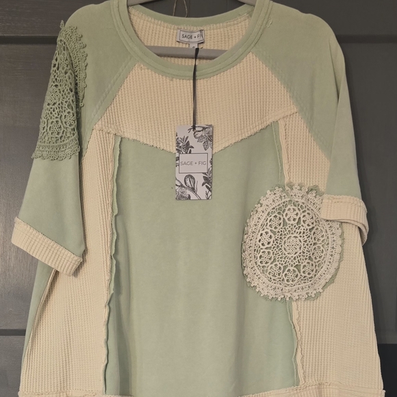 Sage and Cream Top with Crochet Accents - Picture 1 of 3